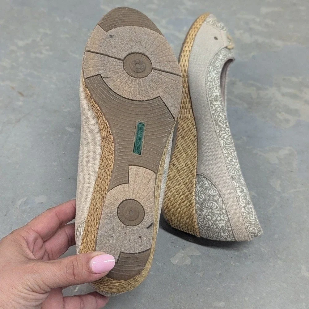 Cottagecore Coastal Grasshoppers Beige & Khaki‎ Espadrille Peep Toe Wedges 7.5